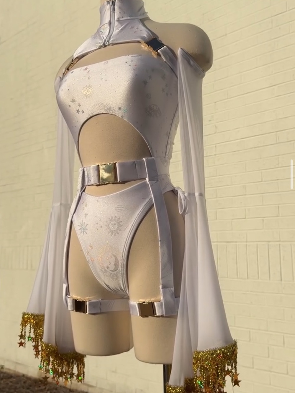Dakota Cosmo White Sheer Bodysuit with Gold-Trim Sleeves